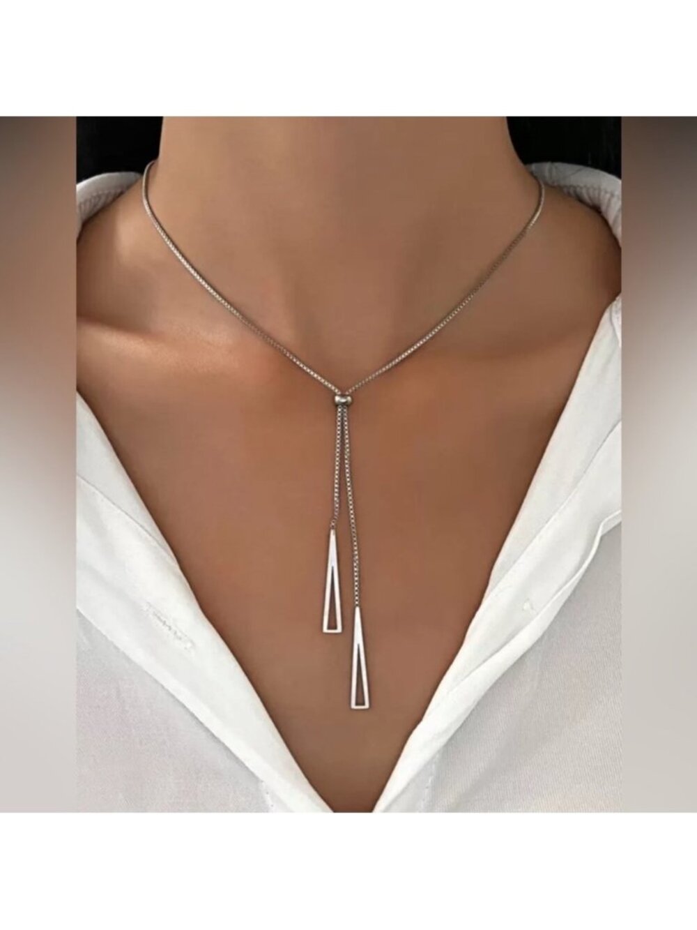Silver Plated Stainless Steel Triangle Lariat Necklace